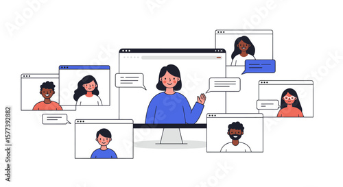 Remote team communication: virtual meeting with diverse participants in flat style
