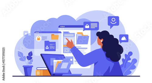 Woman managing digital files in cloud interface