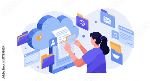 Cloud data management concept with user organizing digital files