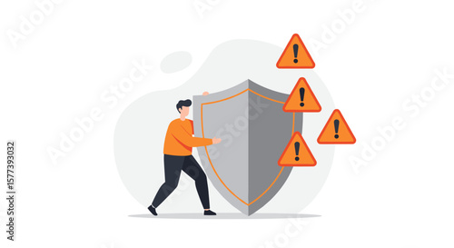 Cybersecurity concept with person holding shield and warning signs