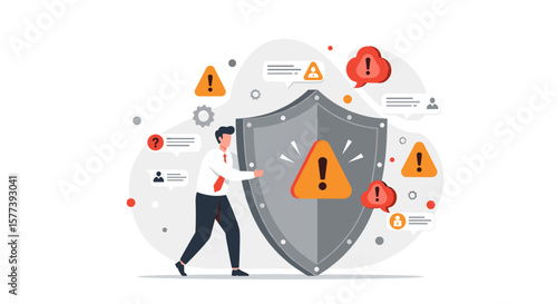 Cyber security concept with shield icons and alert symbols in modern flat style