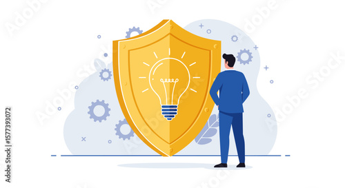 Businessman contemplating lightbulb idea on golden shield with gear background in flat design