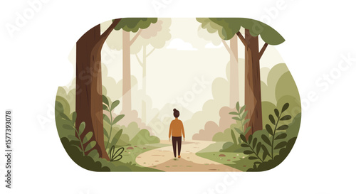 Nature walk: person strolling through a peaceful forest path in minimalist art style
