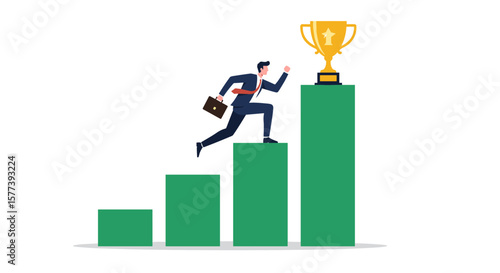 Businessman climbing bar graph to achieve success with trophy on top