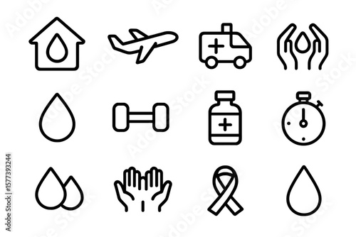Minimalist outline icons: health, fitness, travel, and wellness themes