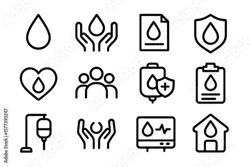 Water conservation and health icon set in minimalist linear design