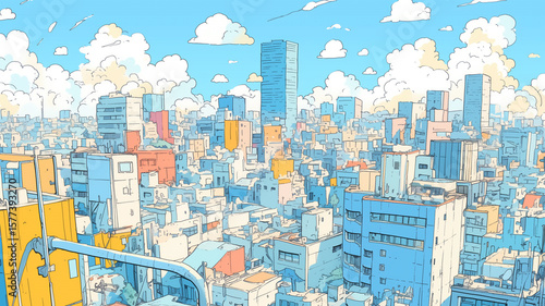 青空と入道雲が広がる夏の都市風景と高層ビルの街並みイラスト、シティポップ風のレトロ感と現代的な建築が調和した清涼感あふれる都会の昼の景色の幻想的イラスト素材