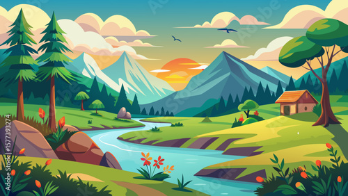 Vector art of a picturesque cartoon landscape featuring mountains, a winding river, and a cozy cabin nestled among lush trees under a vibrant sunset sky