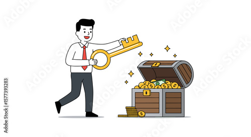 Unlocking treasure concept with key and chest filled with gold coins