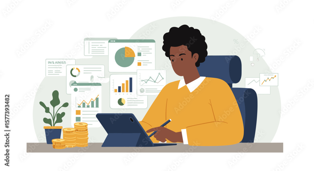 Finance professional analyzing data on tablet with charts and coins in modern workspace Finance professional analyzing data on tablet with charts and coins in modern workspace