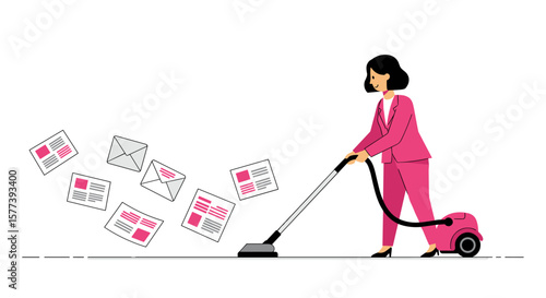Businesswoman vacuuming paperwork in modern flat design
