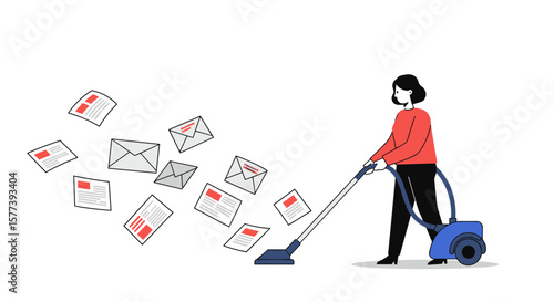 Woman vacuuming emails and documents in modern minimalistic art