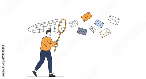 Man catching emails in net: modern digital communication concept