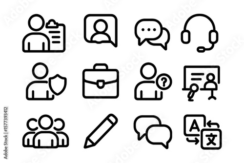 Modern communication and business icons in black silhouette style
