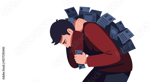 Overworked employee burdened by paperwork and stress in business environment