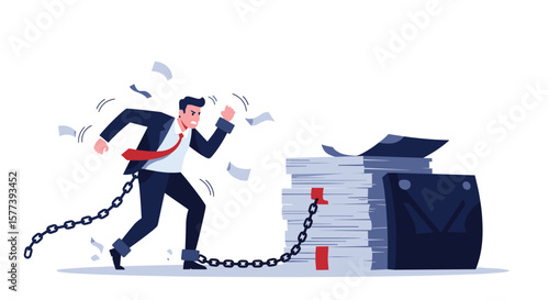 Businessman breaking free from workload chains: corporate stress concept