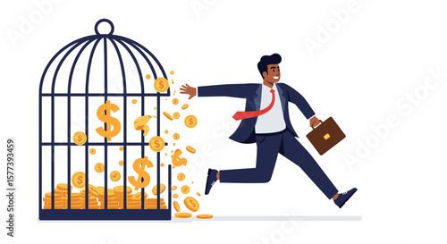 Businessman escaping financial cage: overcoming economic challenges