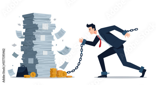 Businessman chained by bureaucracy and debt struggles to escape paperwork burden