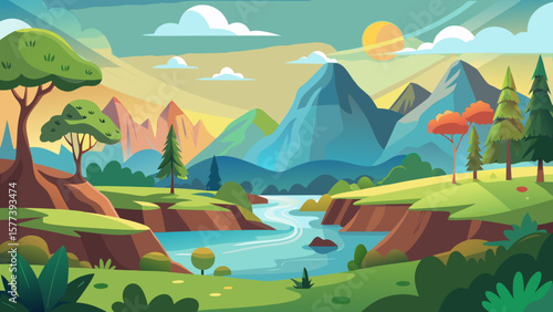 Vector art of a colorful cartoon landscape with mountains, a winding river, and lush trees under a sunny, partly cloudy sky