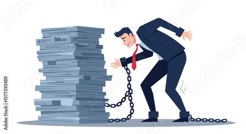 Businessman chained to piles of papers highlighting workplace stress