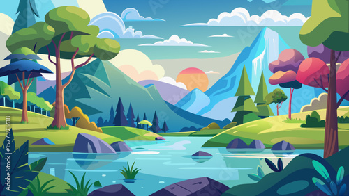 Vector art of a tranquil cartoon landscape features a calm river reflecting the surrounding mountains and trees under a bright sky with fluffy clouds