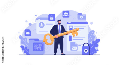 Secure access concept with businessman holding key in modern flat design