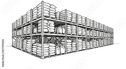Vintage ink sketch of warehouse with sacks of wheat, sacks of rice,sacks of  sugar, sacks of salt, and sacks of  fly- hand drawn black and white vector illustration engraving svg