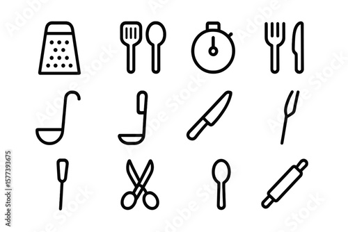 Kitchen tool silhouettes: minimalist icons on black background