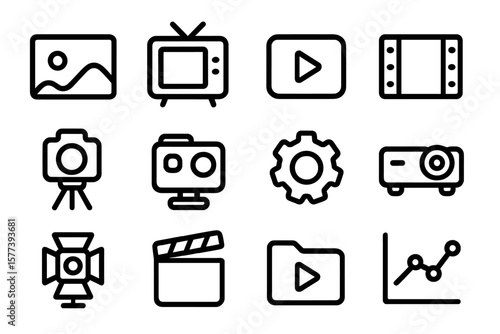 Collection of minimalist media and technology icons in linear style