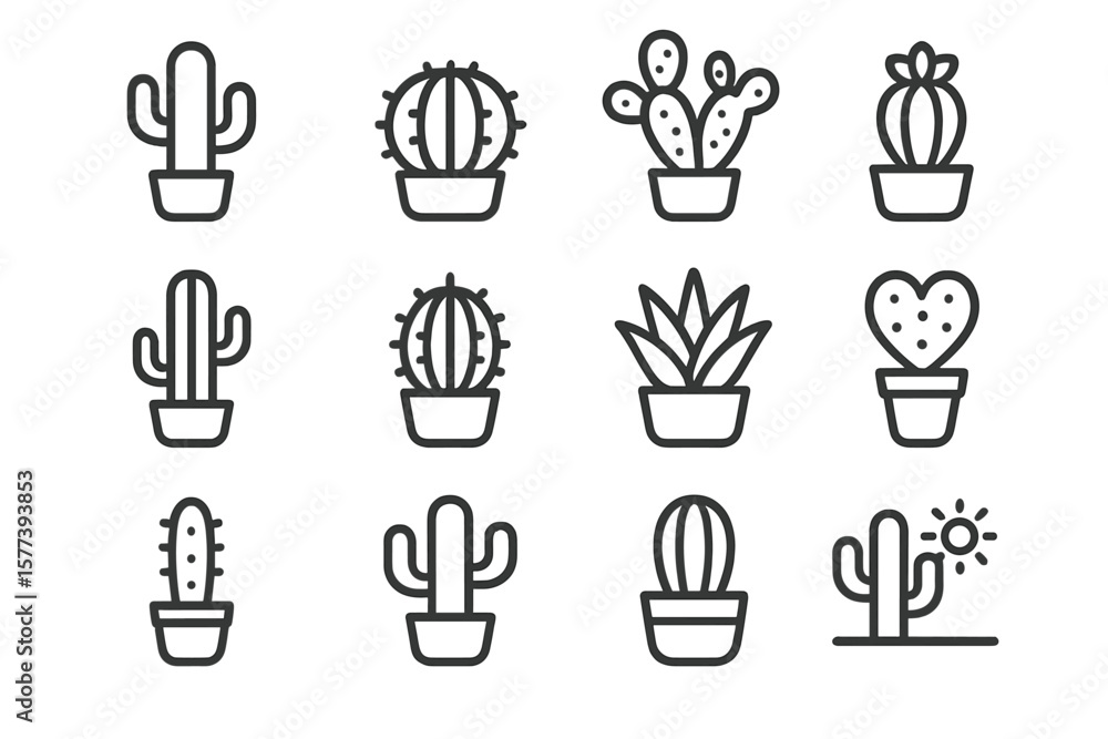 Fototapeta premium Minimalist cactus icons set on dark background