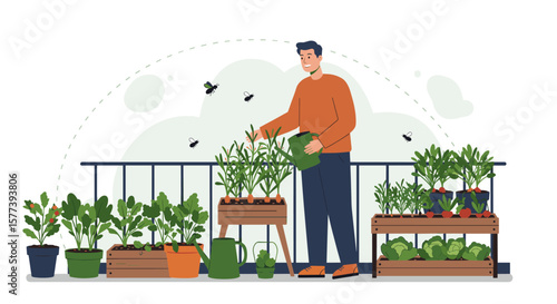Man gardening on balcony with potted plants and vegetables