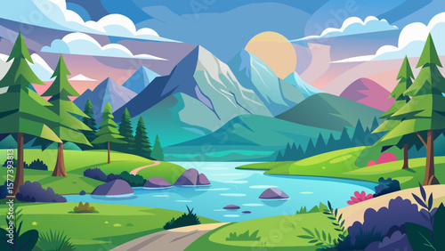 Vector art of a serene cartoon landscape featuring mountains, a calm river, lush greenery, and a winding path under a cloudy sky