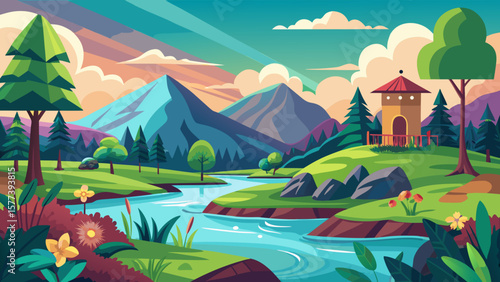 Vector art of a colorful cartoon landscape with mountains, a winding river, trees, and a charming tower on a green hillside