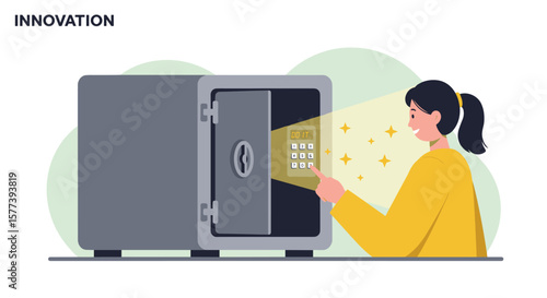 Woman unlocks safe using digital keypad in modern flat design illustration