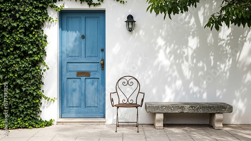Mediterranean Home Exterior: Blue Door, Stone Bench, and Ivy