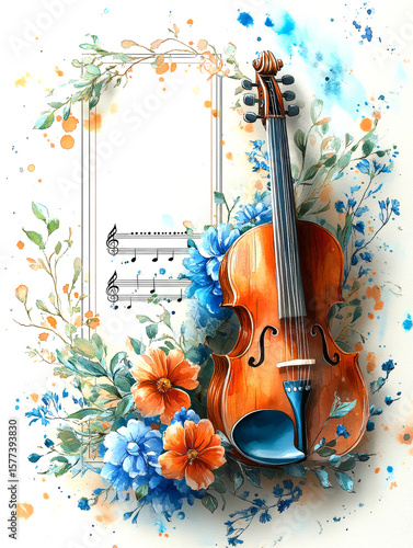 violin with notes surrounded by decorative floral elements and watercolor splashes, space for text