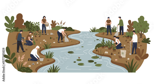 Community river cleanup with volunteers collecting trash and planting trees in nature