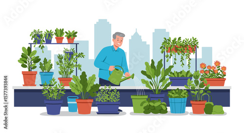 Man watering plants on urban balcony with city skyline in background