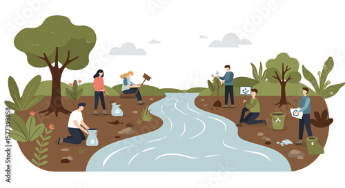 Community volunteers cleaning river in nature conservation scene