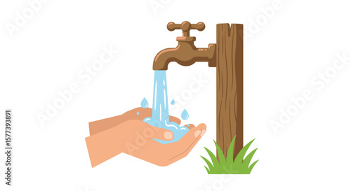 Hands collecting water from wooden outdoor faucet illustration of sustainability