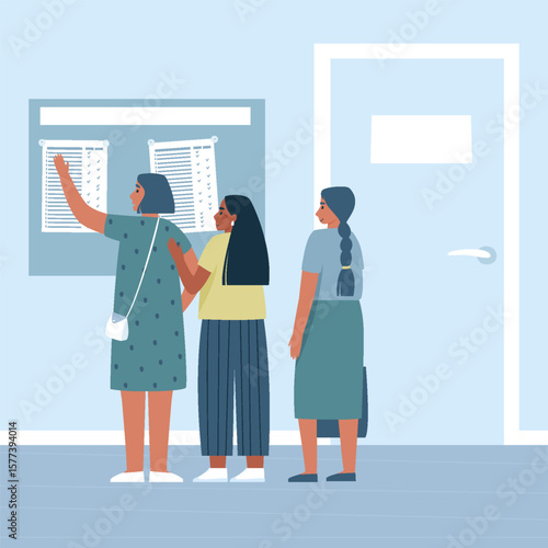 Girl applicants looking at the results of entrance exams. Schoolgirls looking for themselves in the lists with exam results. Vector illustration in flat style.