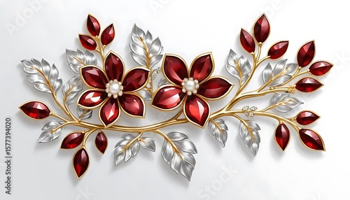 Elegant gold and silver brooch featuring red gemstone flowers and leaves.