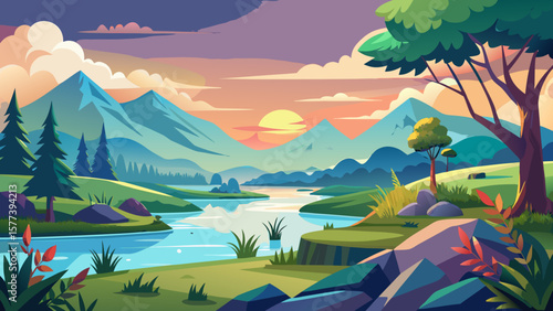 Vector art of a scenic cartoon landscape showcases mountains, a winding river, and lush trees under a colorful sunset with scattered clouds