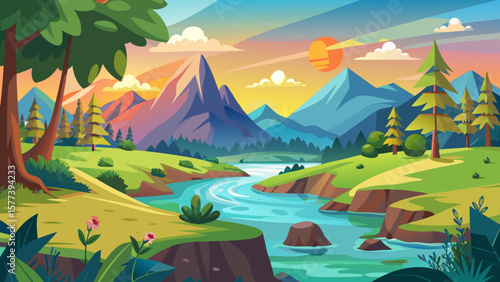 Vector art of a vibrant cartoon landscape featuring rolling green hills, a winding river, and majestic mountains under a bright, sunny sky