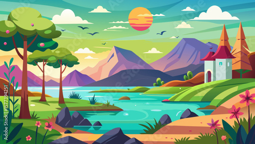 Vector art of a serene cartoon landscape with a tranquil lake, picturesque mountains, and a charming building nestled among lush greenery under a sunny sky