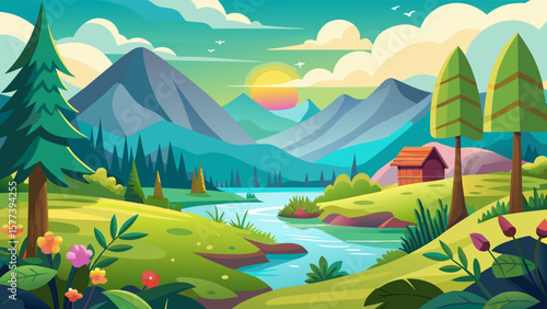 Vector art of a picturesque cartoon landscape showcasing a winding river, towering mountains, and a cozy cabin surrounded by lush greenery under a bright sky
