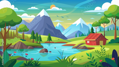 Vector art of a colorful cartoon landscape featuring a serene lake, majestic mountains, and a charming cabin nestled among lush greenery under a bright sky