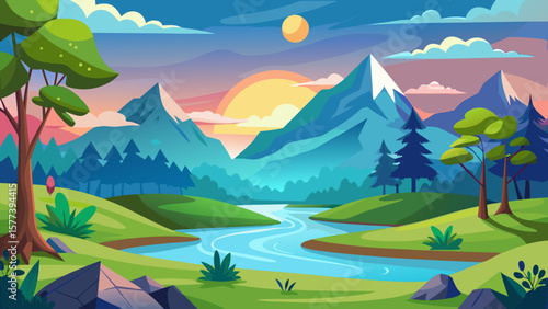 Vector art of a vibrant cartoon landscape showcasing majestic mountains, a winding river, and verdant hills under a colorful sky, evoking a sense of tranquility