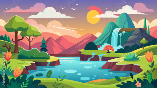Vector art of a colorful cartoon landscape featuring a serene lake, cascading waterfall, and lush greenery under a bright sun, creating a whimsical outdoor scene