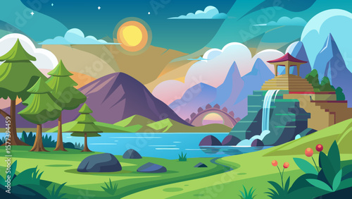 Vector art of a vibrant cartoon landscape showcasing a tranquil lake, cascading waterfall, and lush greenery under a bright sun, creating a peaceful outdoor setting